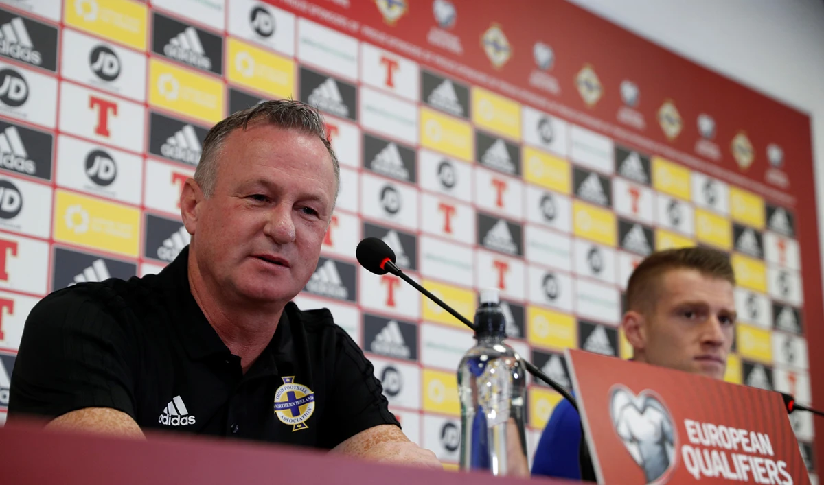 Northern Ireland manager Michael O'Neill and Steven Davis during the press conference on Sunday. (Reuters)