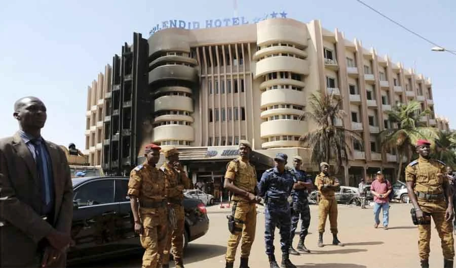 Soldiers stand guard in front of the Splendid Hotel after an attack on the hotel and a restaurant in Ouagadougou, Burkina Faso. (REUTERS file photo)