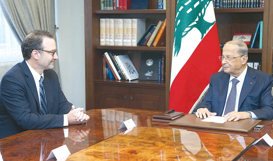 President Aoun holds talks with US Assistant Secretary of Near Eastern Affairs David Schenker in Beirut. Deputy Assistant Secretary for Levant Affairs Joel Rayburn was also present. (AFP)