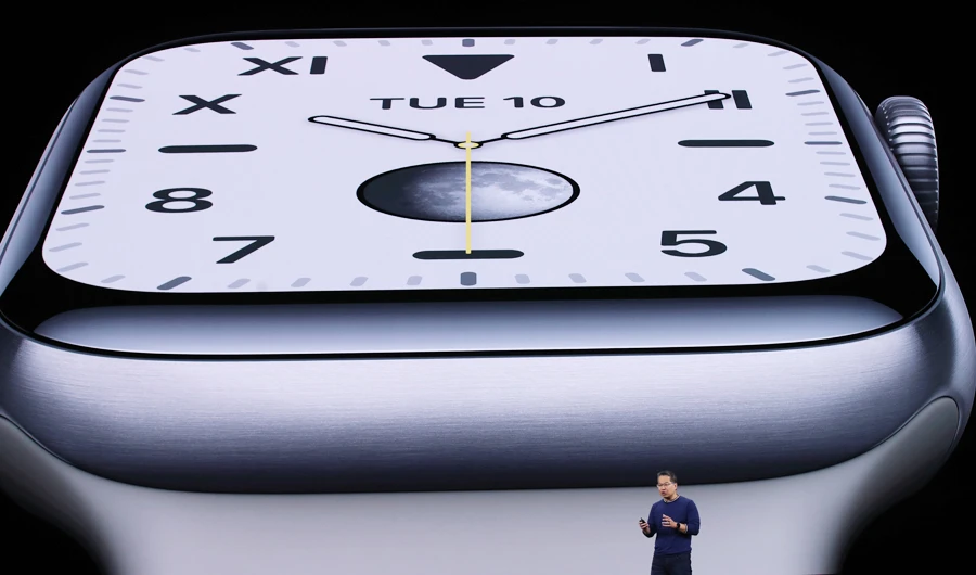 Apple's Stan Ng talks about the new Apple Watch series 5 during a special event on September 10, 2019 in the Steve Jobs Theater on Apple's Cupertino, California campus. (AFP)