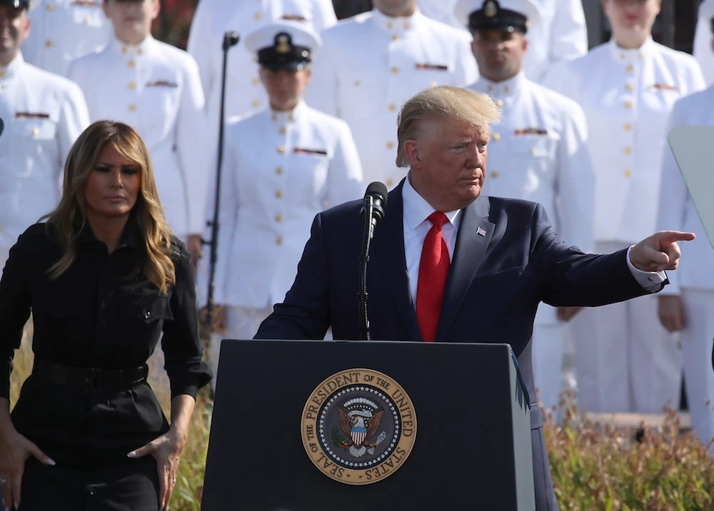 US President Donald Trump speaks during a 911 memorial ceremony at the Pentagon to commemorate the anniversary of the 9/11 terror attacks in Arlington, Virginia. The nation is marking the 18th anniversary of the terror attacks that took almost 3000 lives. (Getty Images/AFP)