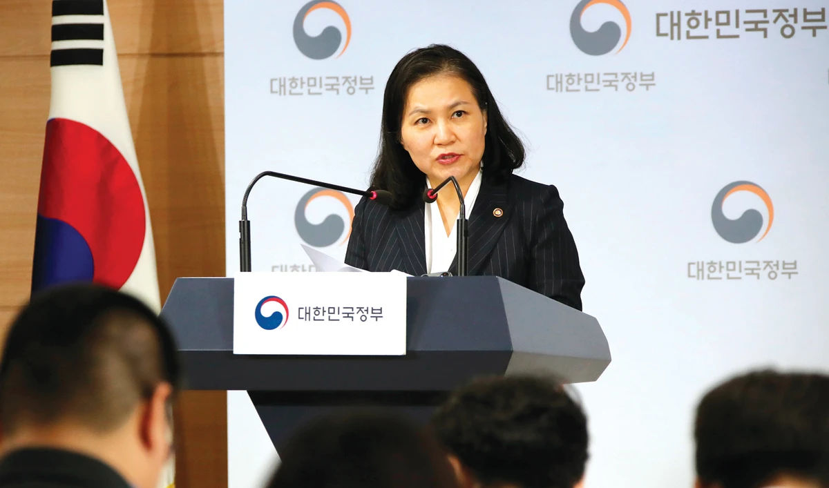 South Korea’s senior trade official Yoo Myung-hee at a briefing in Seoul. AP