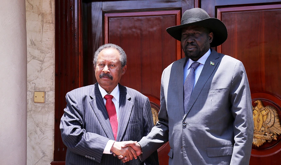 Sudan's prime minister Abdalla Hamdok and South Sudan's President Salva Kiir Mayardit shake hands during their meeting in Juba, South Sudan, September 12, 2019. (REUTERS)