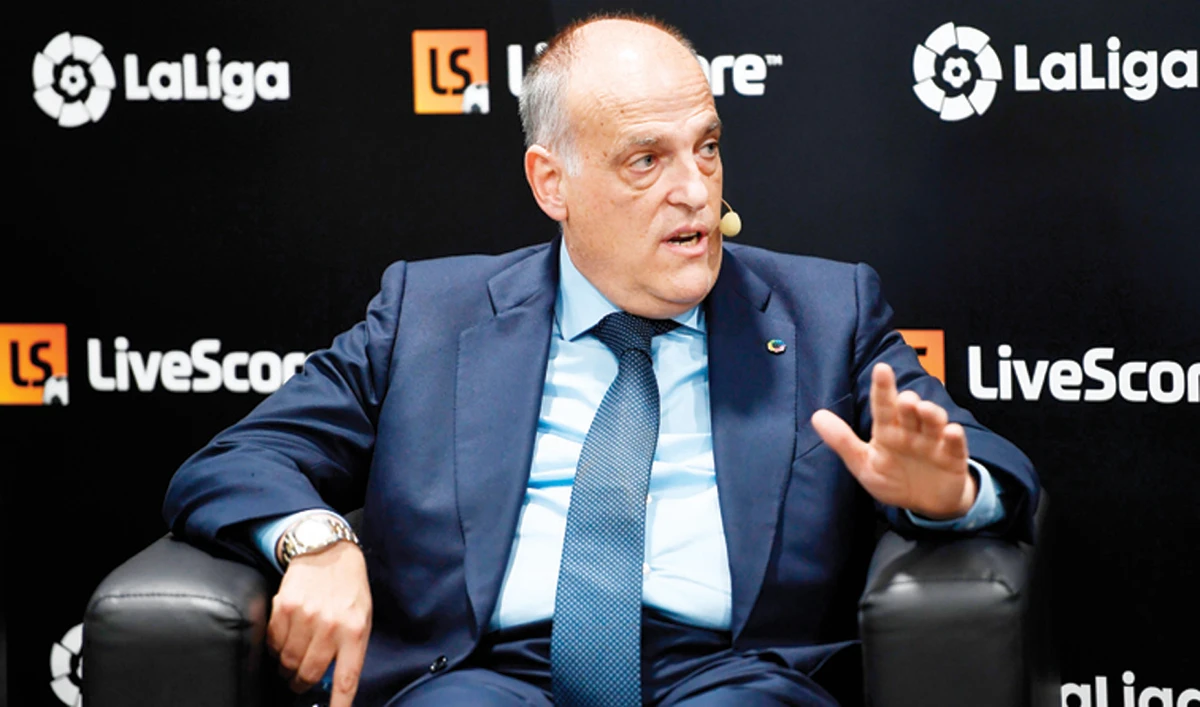 Javier Tebas, president of La Liga, attends a conference about speed and innovation in football on Thursday in Madrid. (AFP)