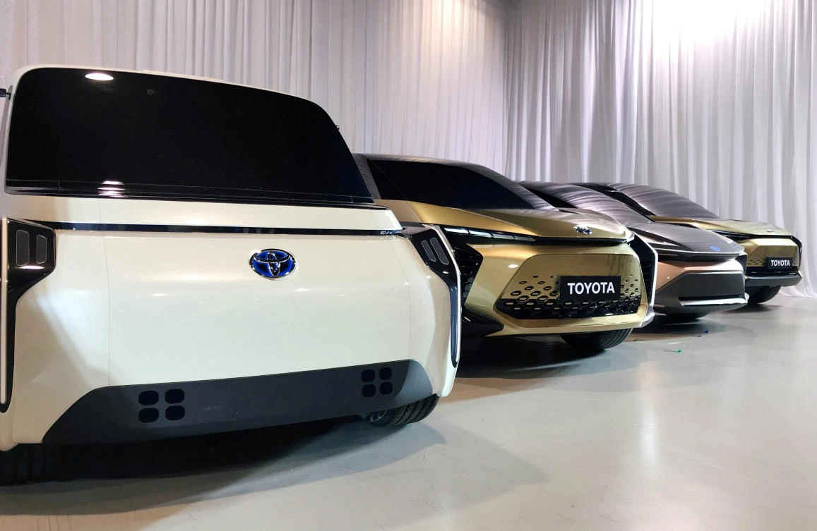Toyota and Panasonic announced a joint venture in January to build electric-vehicle batteries. Above, concept versions of Toyota’s next-generation electric vehicles on display in Tokyo. (Reuters)