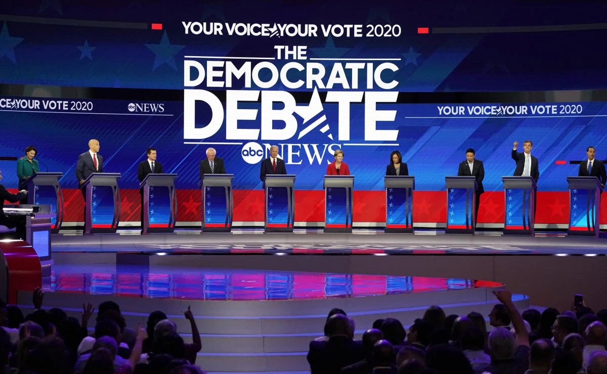 From left: Democratic US presidential candidates Senator Amy Klobuchar, Senator Cory Booker, South Bend Mayor Pete Buttigieg, Senator Bernie Sanders, former Vice President Joe Biden, Senator Elizabeth Warren, Senator Kamala Harris, entrepreneur Andrew Yang, former Rep. Beto O’Rourke and former Housing Secretary Julian Castro at the 2020 Democratic US presidential debate in Houston, Texas on September 12, 2019. (Reuters)