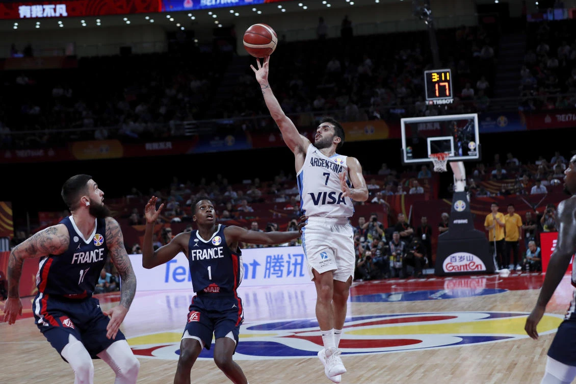 Facundo Campazzo of Argentina shoots for a basket against France during their semifinal match at the FIBA Basketball World Cup at the Cadillac Arena in Beijing. (AP Photo)