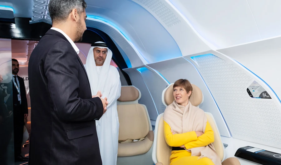 President Kersti Kaljulaid of Estonia tours the Virgin Hyperloop One passenger pod.