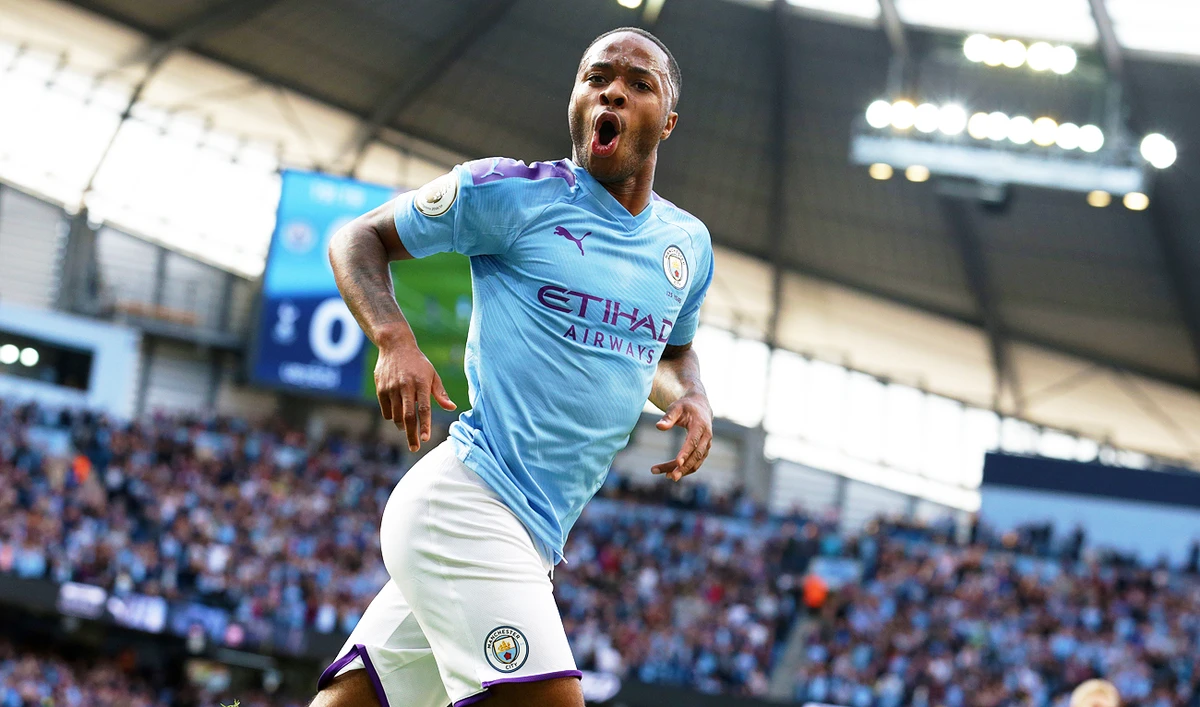 Man City attacker Raheem Sterling celebrates a goal against Spurs. (File/AFP)