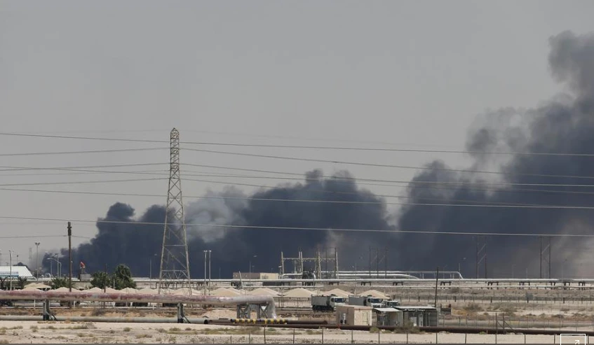 Smoke is seen following a fire at Aramco facility in the eastern city of Abqaiq, Saudi Arabia, September 14, 2019. (REUTERS)