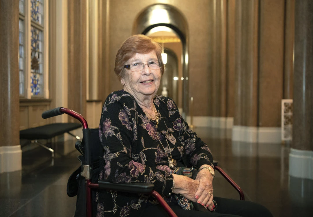 In this Wednesday Sept. 11, 2019 photo, Holocaust survivor Helga Melmed poses for a portrait during an event celebrating the 50th anniversary of a program for people expelled and persecuted by the Nazis. (AP)