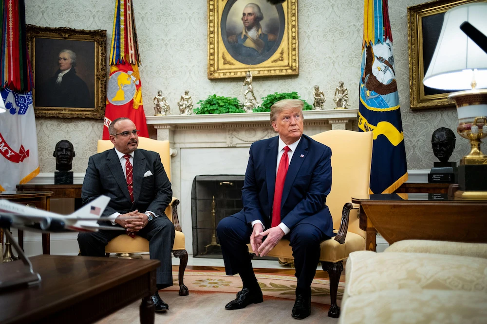 Donald Trump listens as he speaks to reporters during a meeting with Bahrain Crown Prince Salman bin Hamad Al Khalifa in the Oval Office of the White House. (Reuters)