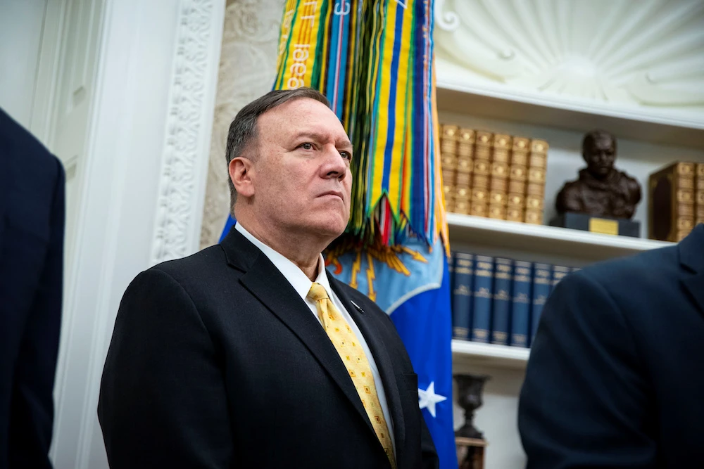 Secretary of State Mike Pompeo listens as Donald Trump meets with Bahrain Crown Prince Salman bin Hamad Al-Khalifa during a meeting in the Oval Office of the White House in Washington Monday. (Reuters)