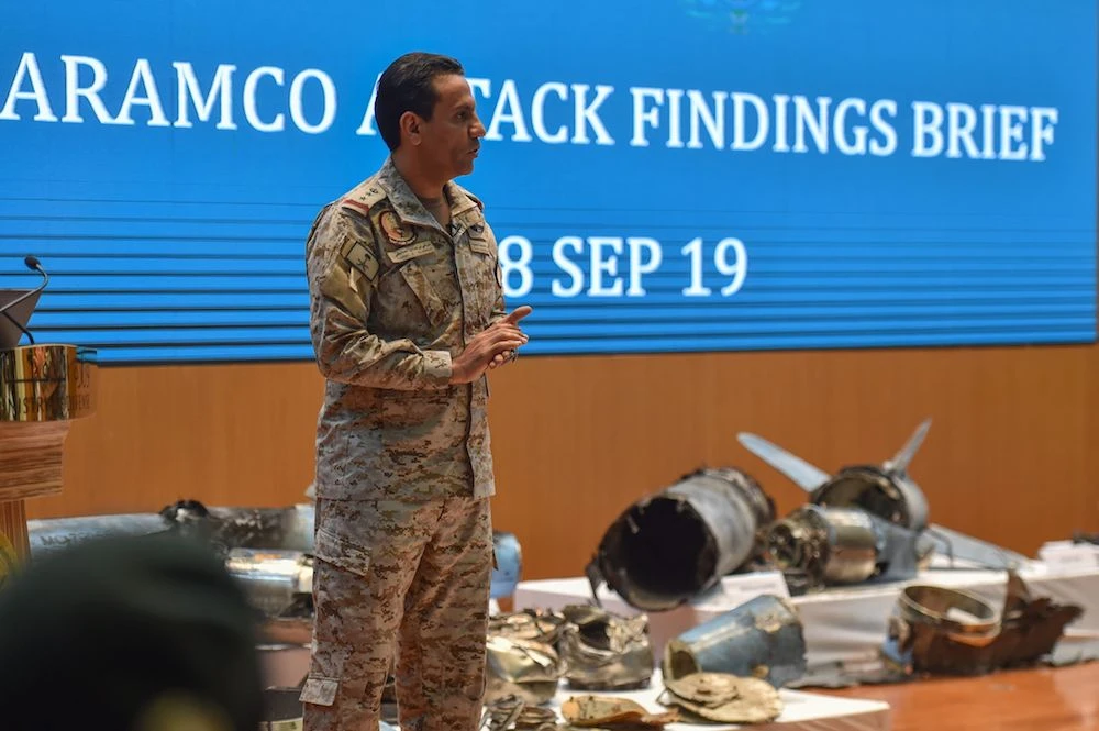 Weapons used to attack Saudi Arabia at the Defense Ministry press conference about Iranian involvement in Saturday's Aramco attacks. (AFP