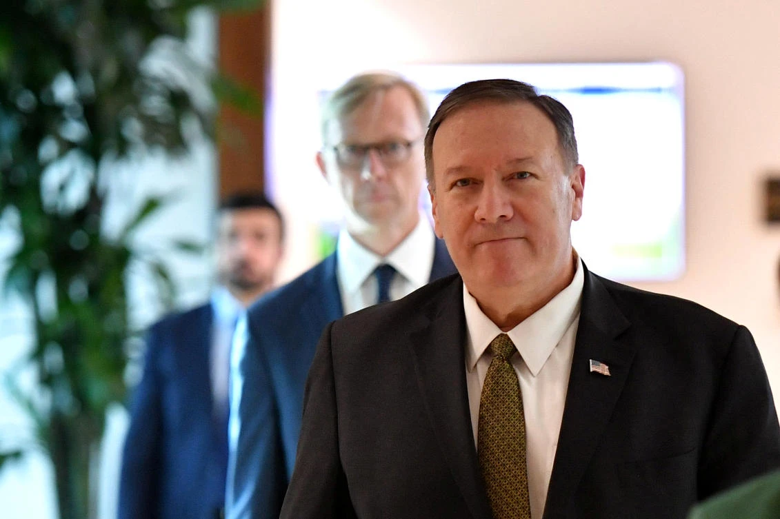 US Secretary of State Mike Pompeo arrives at al-Bateen Air Base in Abu Dhabi, United Arab Emirates September 19, 2019. (Reuters)