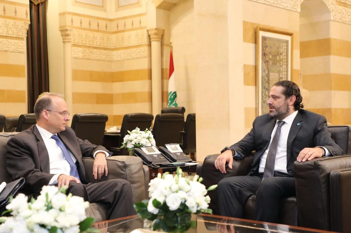 A handout picture provided by the Lebanese photo agency Dalati and Nohra shows Lebanese Prime Minister Saad Hariri meeting US treasury assistant secretary for terrorist financing, Marshall Billingslea, at the governmental palace in the Lebanese capital Beirut on September 23, 2019. (AFP)