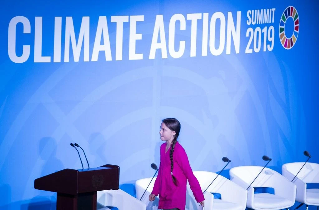 Youth climate activist Greta Thunberg leaves after speaking at the UN Climate Action Summit on September 23, 2019 at the UN headquarters in New York City. (AFP)