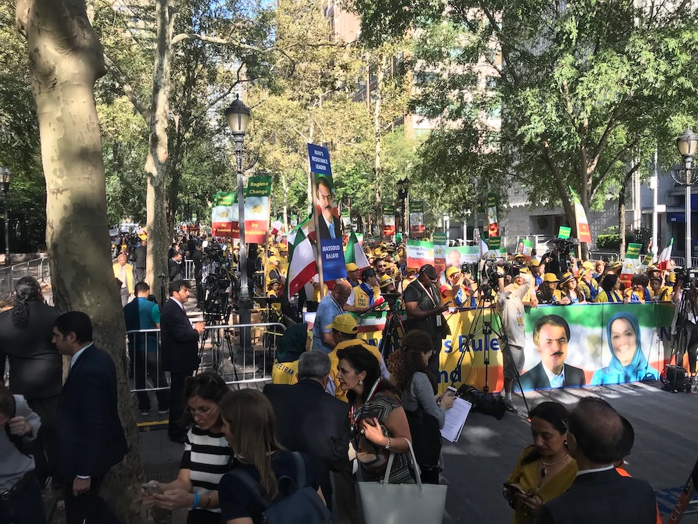 Protesters began gathering near the UN headquarters in Manhattan last week and have maintained a daily vigil. (Courtesy: the OIAC Organization of Iranian American Communities)