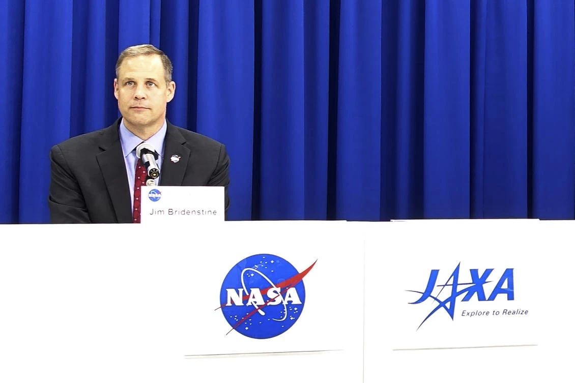 NASA administrator Jim Bridenstine attends a press conference at the Japan Aerospace Exploration Agency (JAXA) headquarters in Tokyo Wednesday, Sept. 25, 2019. (AP)