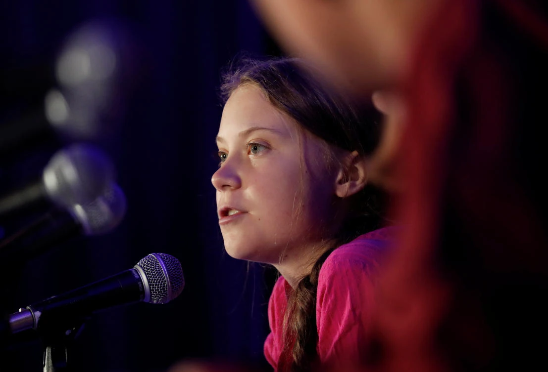 Swedish climate activist Greta Thunberg speaks during a news conference in New York. (Reuters)