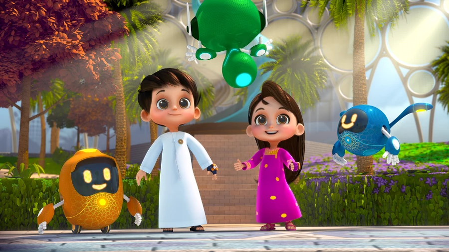 The mascots are, (L to R), Opti, Rashid, Terra, Latifa and Alif. (Supplied)