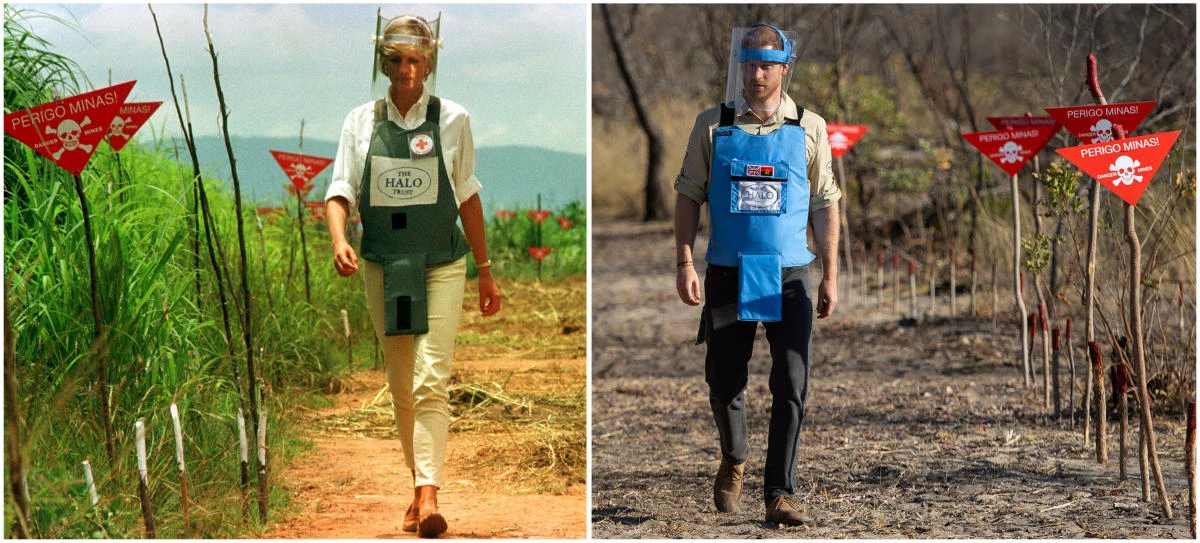 Combo picture shows Diana, Princess of Wales walking in one of the safety corridors of the land mine fields of Huambo, Angola January 15, and Britain's Prince Harry, Duke of Sussex, visiting a working de-mining field in Dirico, Angola September 27, 2019. (Reuters)