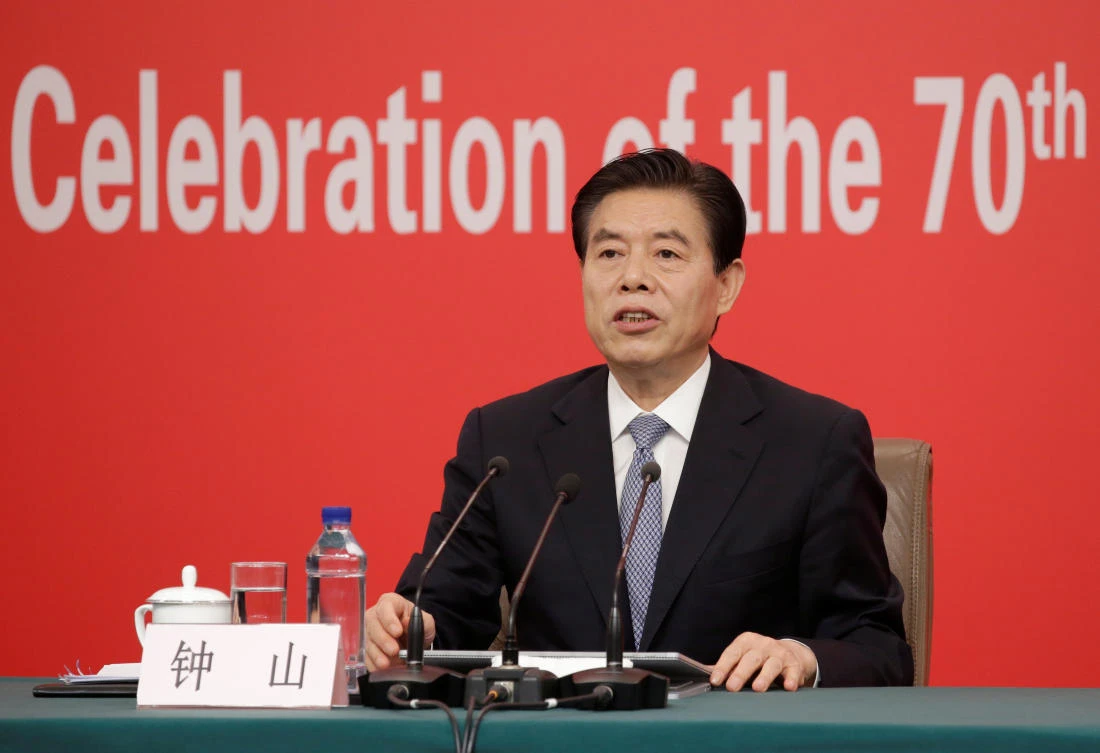 Chinese Commerce Minister Zhong Shan was attending a news conference ahead of the 70th founding anniversary of the People’s Republic of China, in Beijing, China Sept. 29. (Reuters)