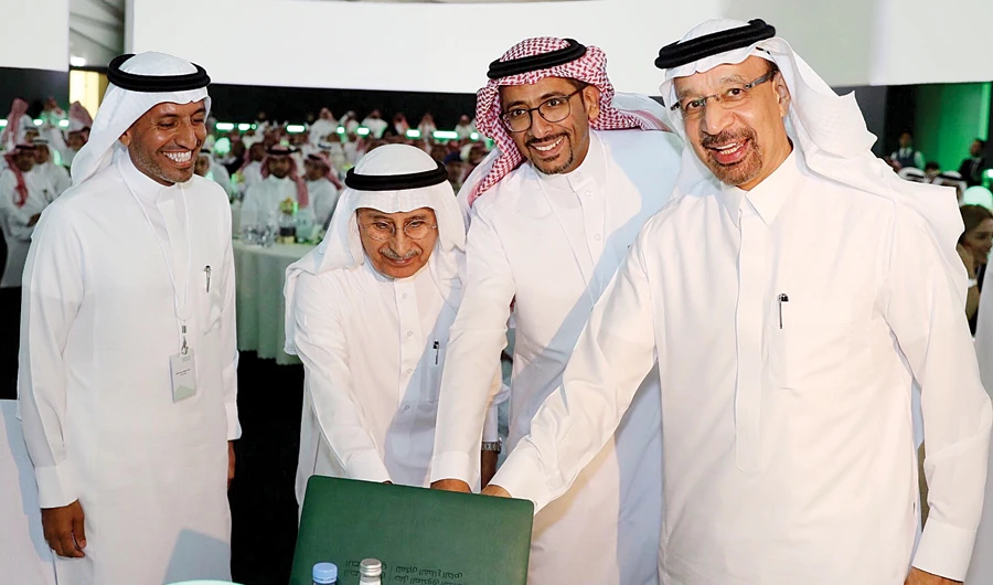 Industry and Mineral Resources Minister and Chairman of the Board of Directors of the Industrial Fund Bandar Al-Khorayef and Khalid Al-Falih, former chairman of board of directors of the Industrial Fund, launching the fund’s new identity. (Photo/Supplied)