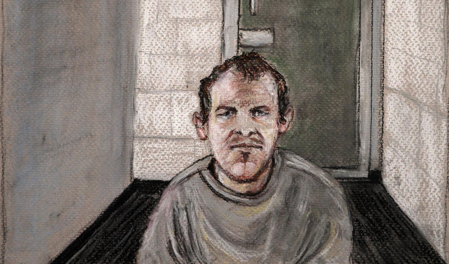 In this June 14, 2019, file courtroom drawing, Brenton Tarrant, the man accused of killing 51 people at two Christchurch mosques, appears via video link at the Christchurch District Court, from the maximum security prison in Auckland where he's being held, Christchurch, New Zealand. (AP Photo/Stephanie McEwin, File)