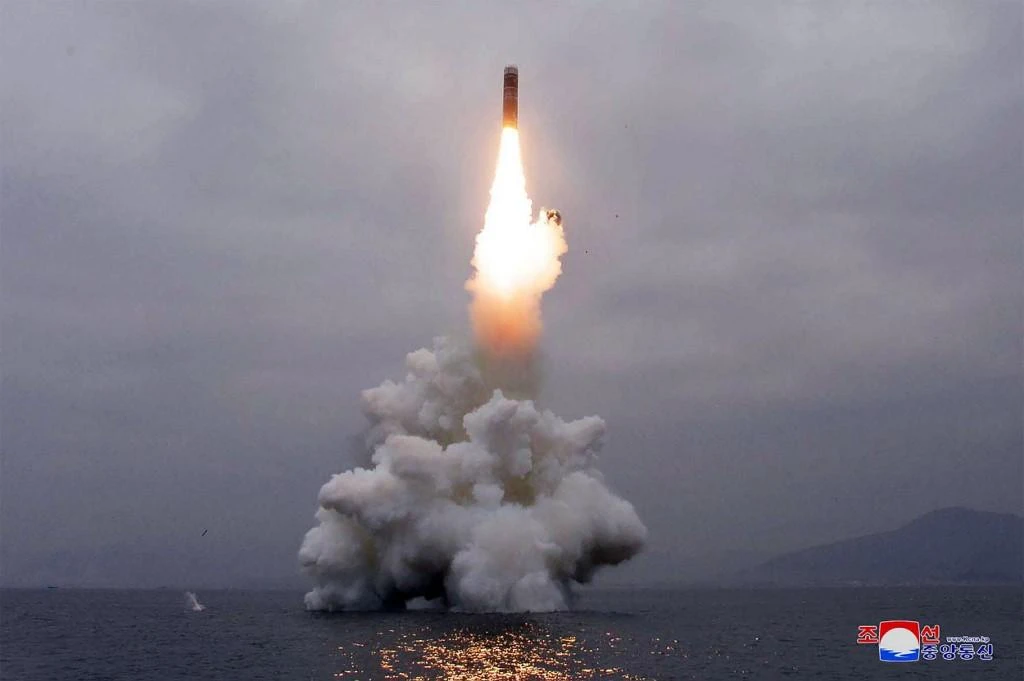 A picture released by the Korean Central News Agency on October 3, 2019 shows the test-firing of ‘the new-type SLBM Pukguksong-3’ in the waters off Wonsan Bay of the East Sea of Korea. (KCNA via KNS/AFP)