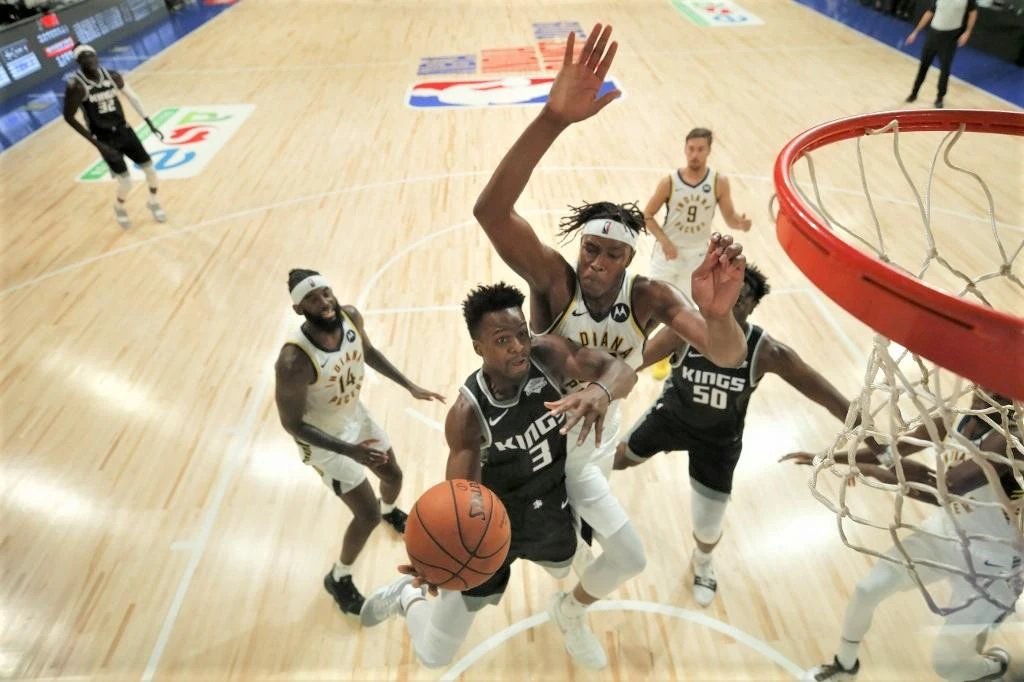 Yogi Ferrell of the Sacramento Kings shoots the ball against the Indiana Pacers on Saturday, October 5, 2019 at NSCI Dome in Mumbai, India. (NBAE via Getty Images/AFP)