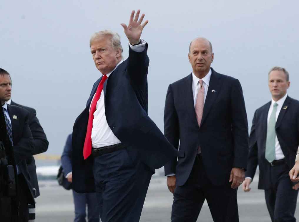 In this Tuesday, July 10, 2018, file photo, President Donald Trump is joined by Gordon Sondland, the US ambassador to the European Union, second from right, as he arrives at Melsbroek Air Base, in Brussels, Belgium.(AP)