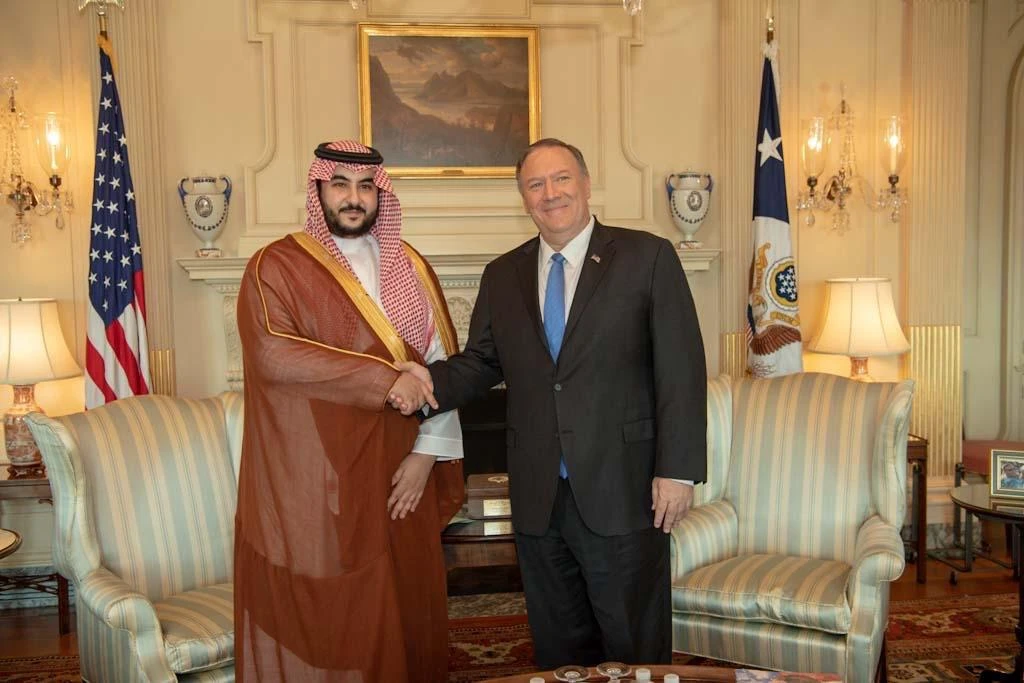 Saudi Arabia’s Deputy Defense Minister Prince Khalid bin Salman met with US Secretary of State Mike Pompeo. (@kbsalsaud Twitter)