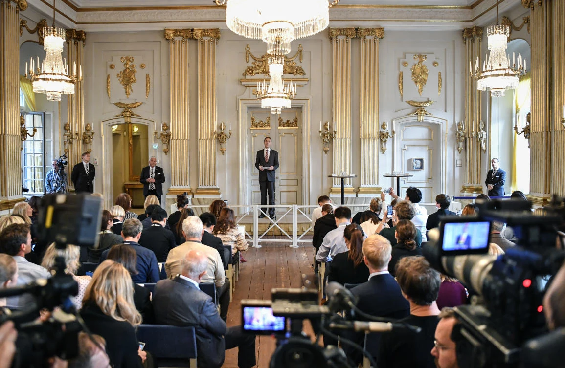 The permanent secretary of the Swedish Academy, Mats Malm, announces the winners of the 2018 and 2019 Nobel Prize in Literature in Stockholm, Sweden, Thursday Oct. 10, 2019. ( AP)