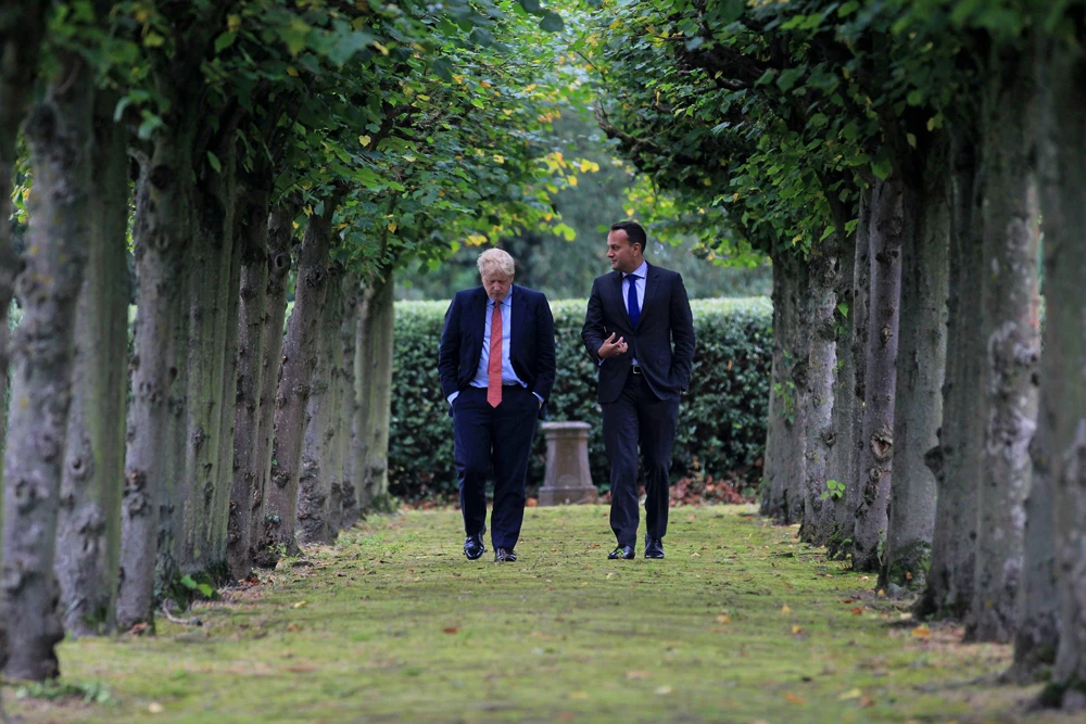 Ireland’s Prime Minister, Leo Varadkar, right, and Britain’s Prime Minister Boris Johnson at Thornton Manor Hotel, near Birkenhead, north-west England, as they met for Brexit talks. (AFP)