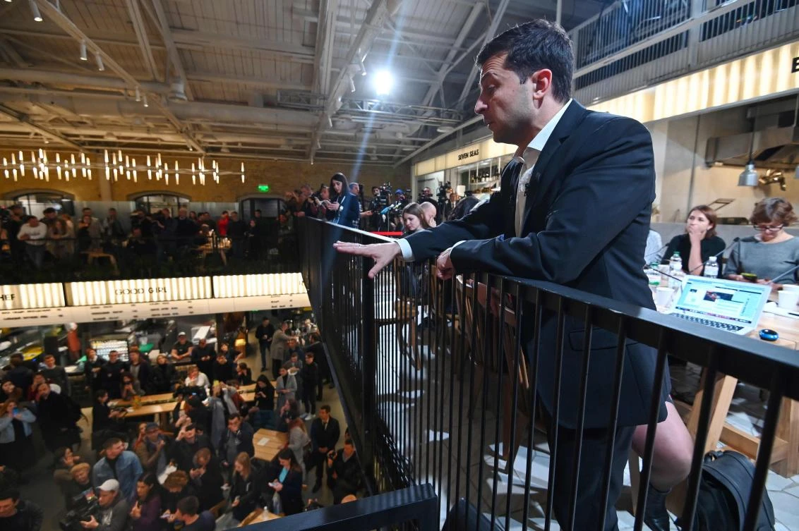 Ukrainian President Volodymyr Zelensky addresses an assembly of journalists during his day-long media marathon at a food court in Kiev. (AFP)
