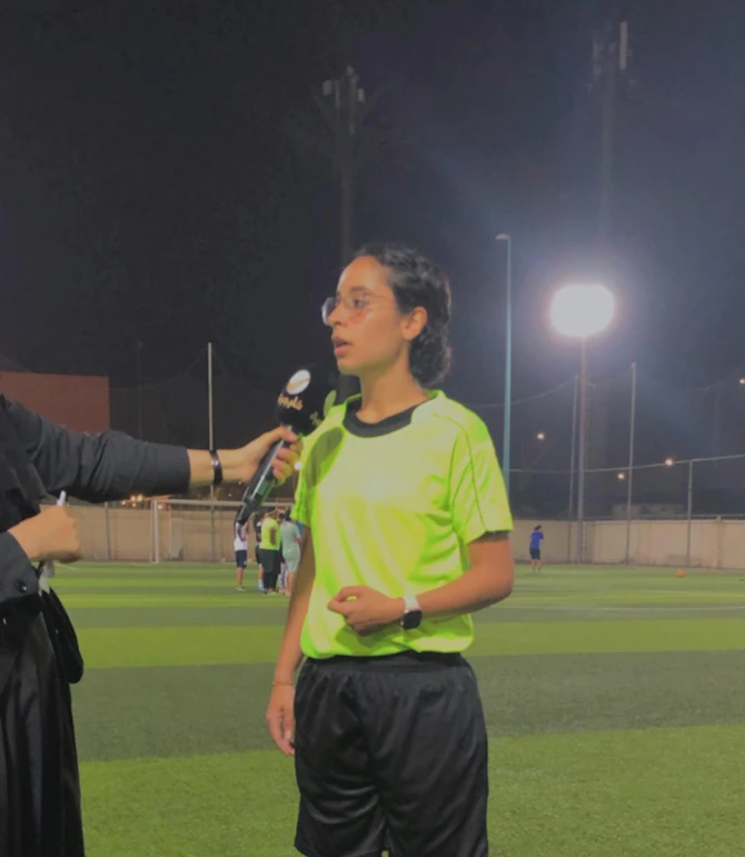 Sham Al-Ghamdi bein interviewed after refereeing the first women football championship match in Jeddah. (Supplied)