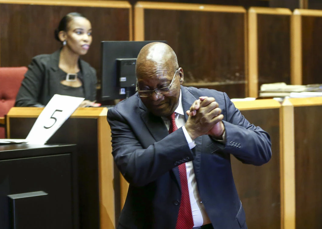 Former South African President Jacob Zuma in the High Court in Pietermaritzburg. Jacob Zuma will face trial on corruption charges after the court dismissed his application to have the case against him halted. (AP Photo)