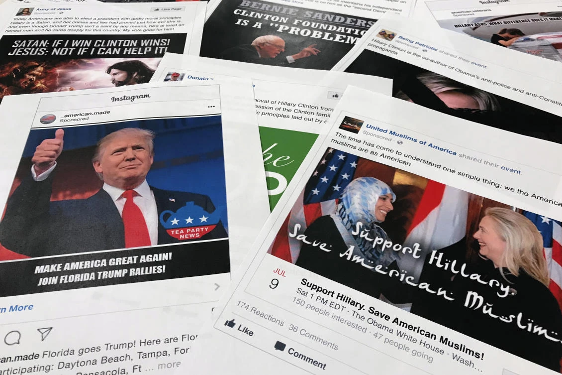 Some of the Facebook and Instagram ads linked to a Russian effort to disrupt the American political process and stir up tensions around divisive social issues, released by members of the U.S. House Intelligence committee, are photographed in Washington. (File/AP/Jon Elswick)