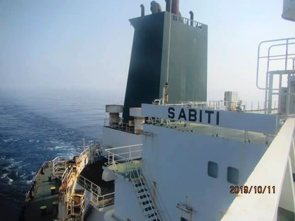 Iranian oil tanker Sabiti traveling through the Red Sea Friday, Oct. 11, 2019. (SHANA/AP)