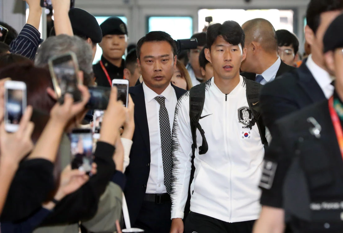 Star footballer Son Heung-min, center right, who also play for Premier League club Tottenham Hotspur, is included in the South Korean squad. (Yonhap/AFP)