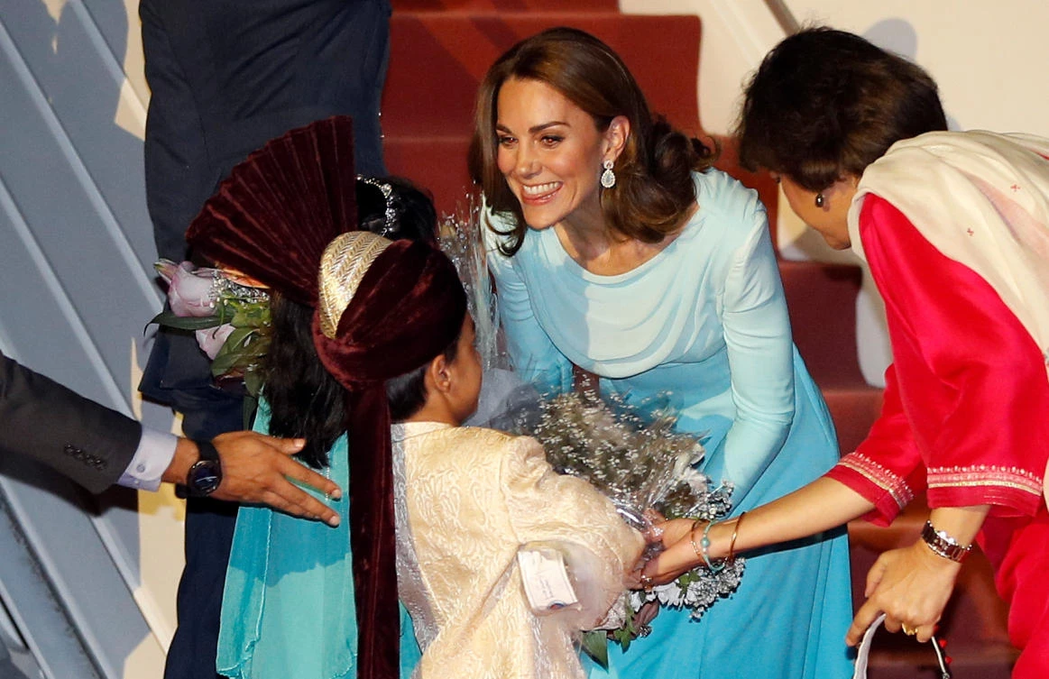 Britain's Catherine, Duchess of Cambridge, is welcomed as she arrives in Islamabad, Pakistan October 14, 2019. (Reuters)