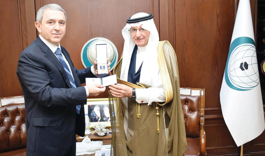 OIC Secretary-General Dr. Yousef Al-Othaimeen receives Azerbaijan Ambassador Shahin Abdullayev at his office in Jeddah. (SPA)