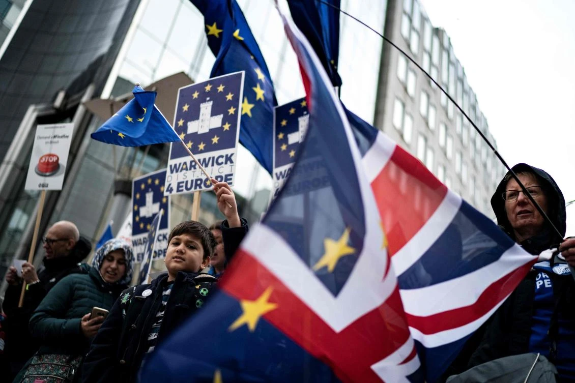 Anti-Brexit activists protest near the European Parliament in Brussels on October 9, 2019. (AFP)