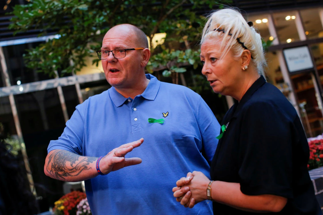 Charlotte Charles and Tim Dunn, parents of British teen Harry Dunn who was killed in a car crash on his motorcycle, allegedly by the wife of an American diplomat, are interviewed in New York. (Reuters)