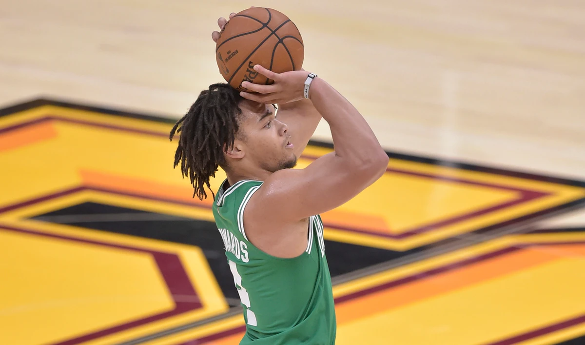Boston Celtics guard Carsen Edwards shoots a three-point basket in the third quarter against the Cleveland Cavaliers. (Reuters)