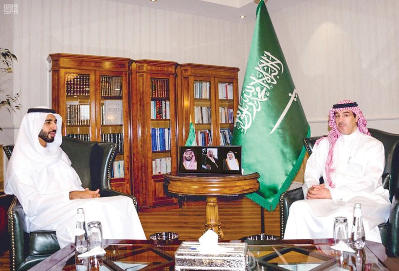 UAE Ambassador Sheikh Shakhbut bin Nahyan Al-Nahyan meets Saudi Human Rights Commission President Dr. Awwad Al-Awwad in Riyadh. (SPA)