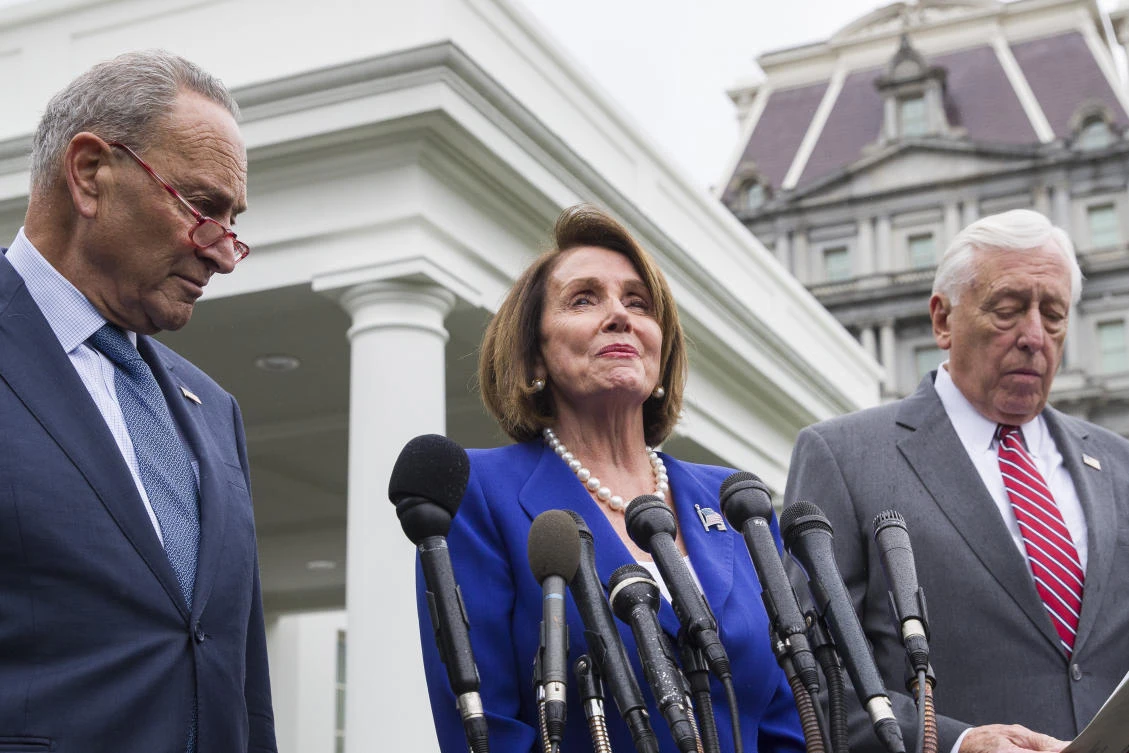 Senate Minority Leader Chuck Schumer of N.Y., left, House Speaker Nancy Pelosi of California, and House Majority Leader Steny Hoyer of Md., speak with reporters after a meeting with President Donald Trump at the White House, Wednesday, Oct. 16, 2019, in Washington. (File/AP/Alex Brandon)