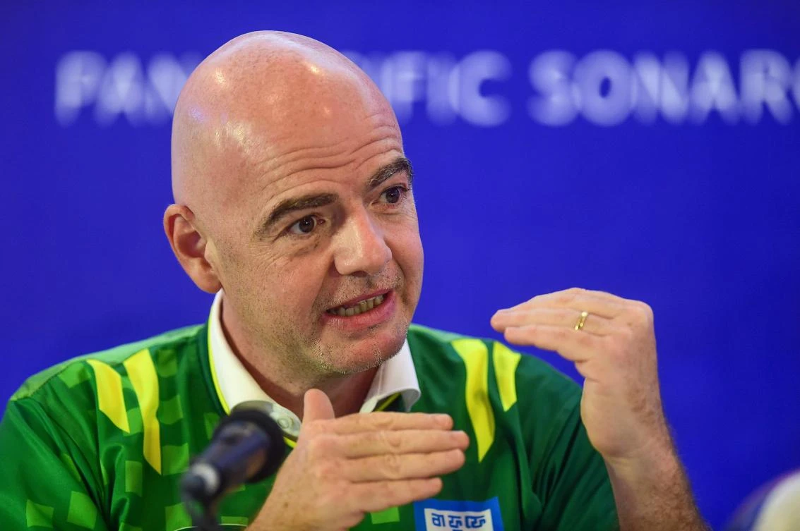 FIFA president Gianni Infantino gestures as he speaks during a press conference in Dhaka on October 17, 2019. FIFA President Gianni Infantino arrived in Bangladesh for his one-day visit. (AFP)