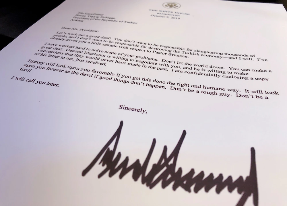 An Oct. 9 letter from Donald Trump to Turkey's President Tayyip Erdogan warning Erdogan about Turkish military policy. (Reuters)